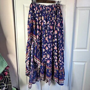 RusttyDustty Womens 3X Blue Paisley Floral Boho Asymmetrical Ruffle Hem Skirt